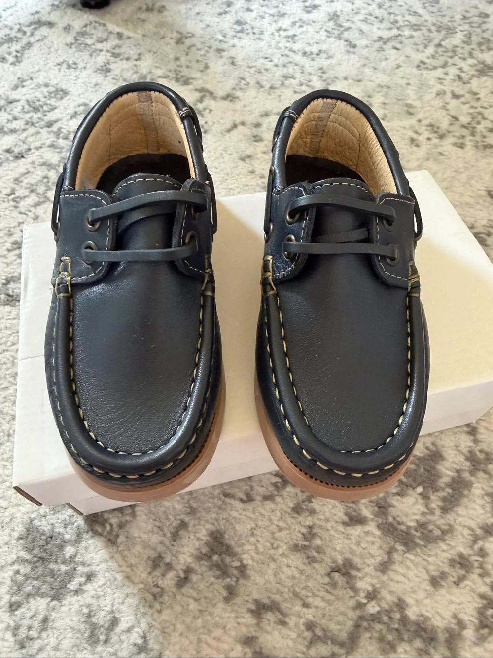 Kids Navy Leather Boat Shoes with Tan Sole
